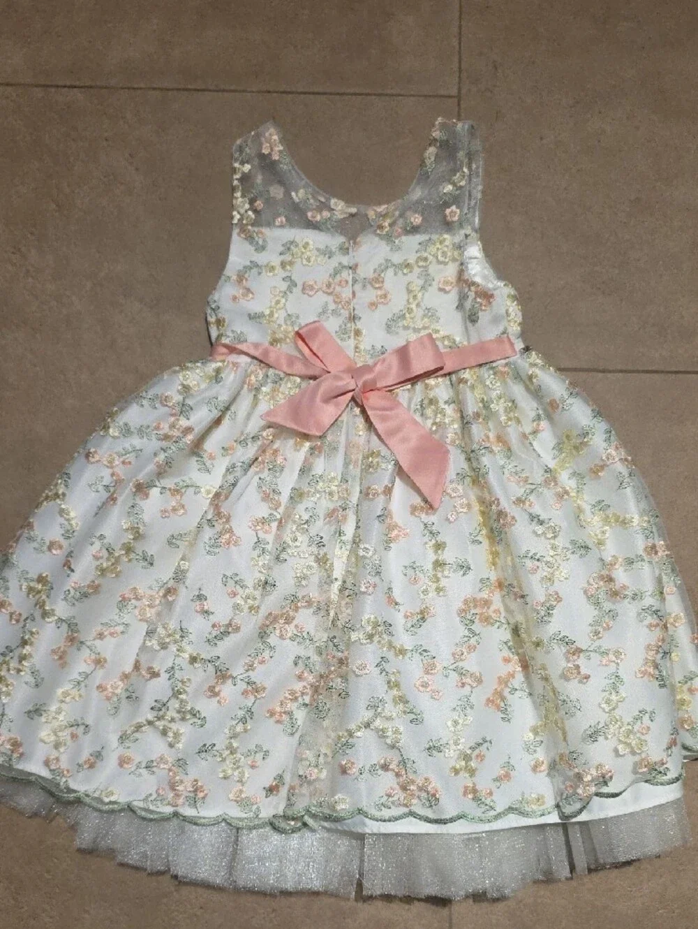 Girls Floral Embroidered Party Dress - White with Pastel Accents. Size 5